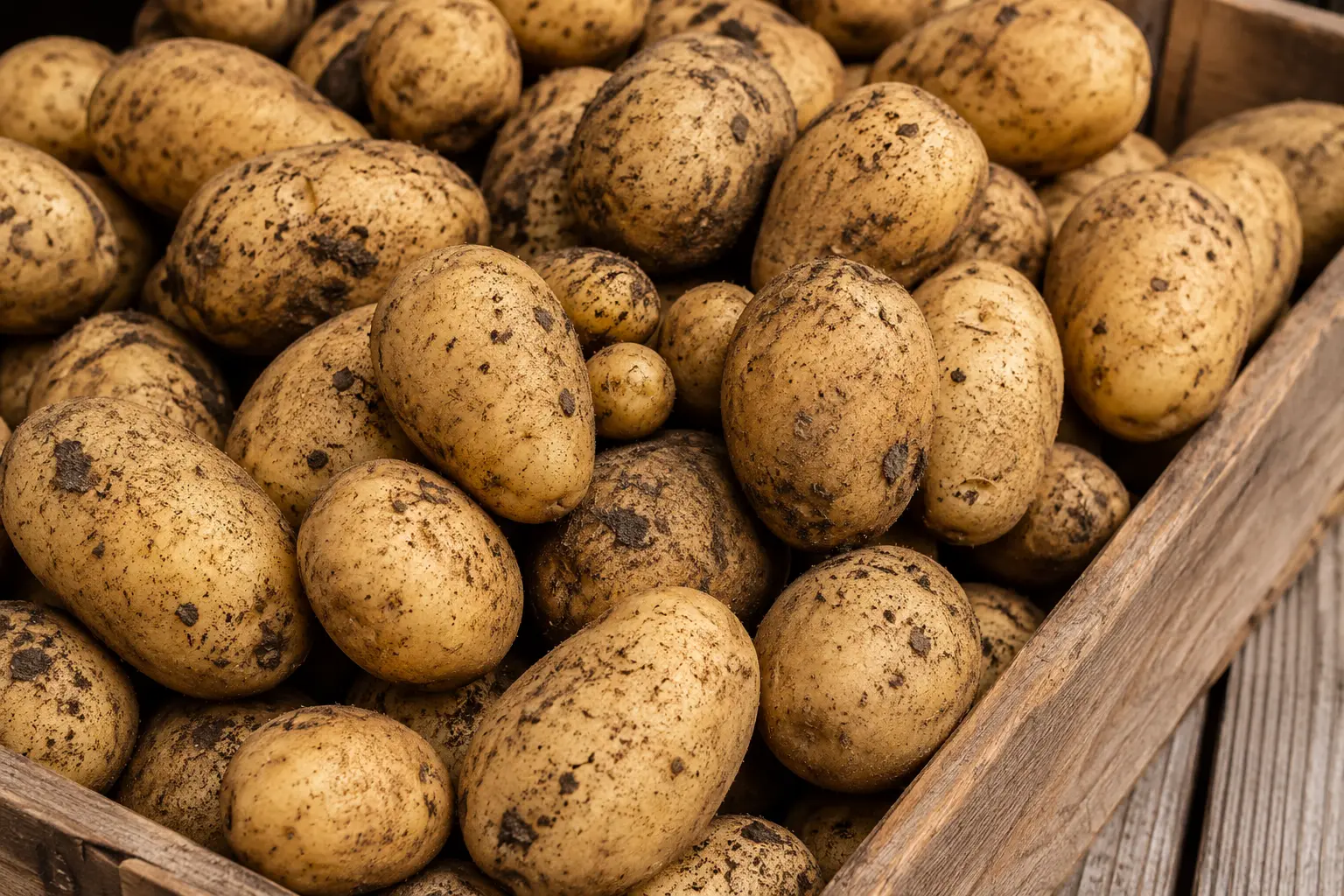 Frissen szedett étkezési burgonya faládában